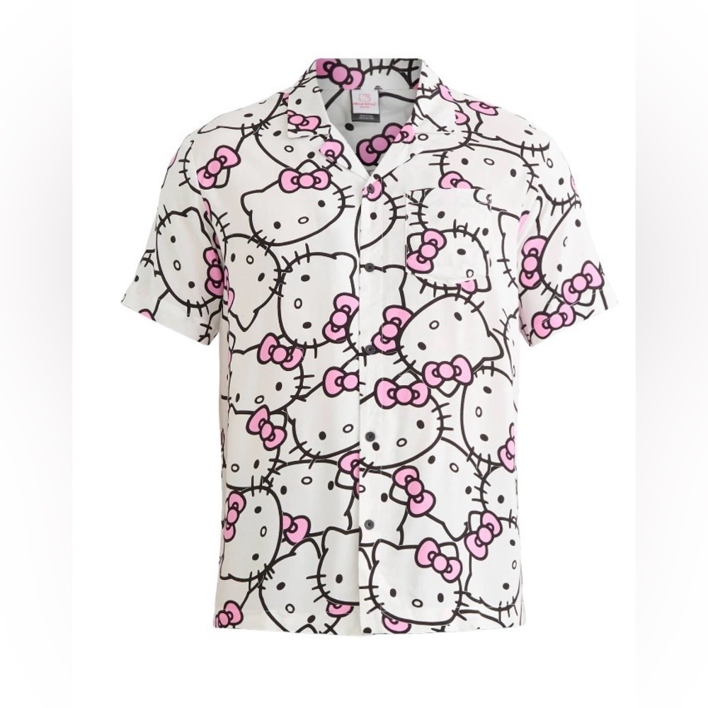 New Sanrio Hello Kitty Men's Rayon Short Sleeve Button Up Shirt White Black Pink